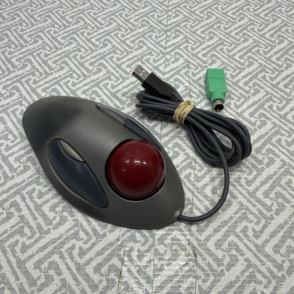 Logitech Trackman Marble USB Wired Trackball Mouse T-BC21 Gray Red Ball + PS/2